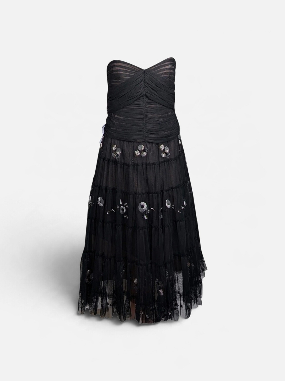 BCBGMaxAzria Strapless Black Tiered Tulle Dress with Sequin Floral Accents